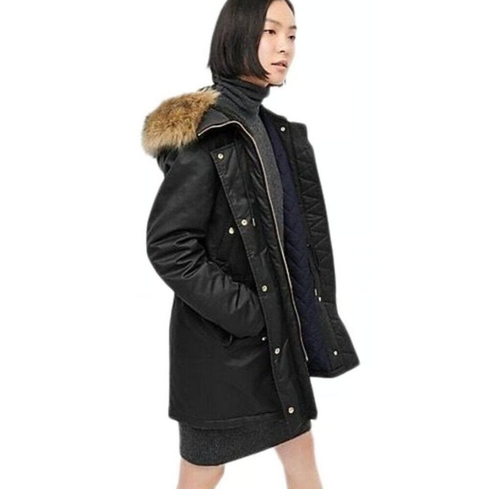 J.Crew Eco Friendly Primaloft Perfect Winter Jacket Womens Size S Faux Fur Hood